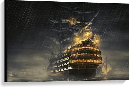 Canvas  - Schip in Stromende Regen - 90x60cm Foto op Canvas Schilderij (Wanddecoratie op Canvas)