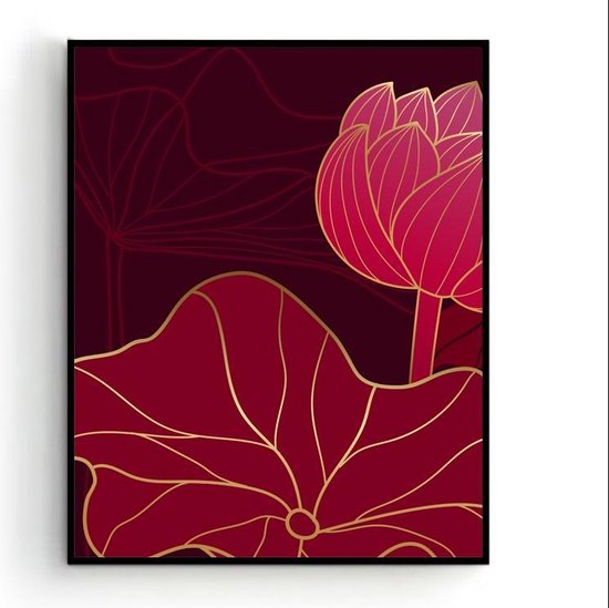 Poster Rood Gouden Lotus Links - 70x50cm - Planten / Bloemen - Muurdecoratie
