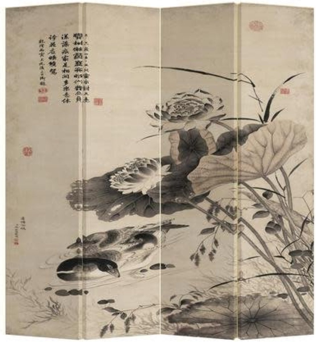 Fine Asianliving Chinees Kamerscherm Oosters Scheidingswand B160xH180cm 4 Panelen Eendjes in Lotuspond