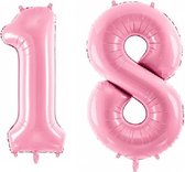 Folie ballon cijfer 18 jaar – 80 cm hoog – Roze - met gratis rietje – Feestversiering - Verjaardag