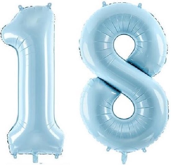 Folie ballon cijfer 18 jaar – 80 cm hoog – Blauw - met gratis rietje – Feestversiering - Verjaardag