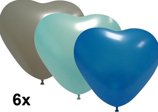 Hartjes ballonnen mix blauw-zilver, 6 stuks, 28cm