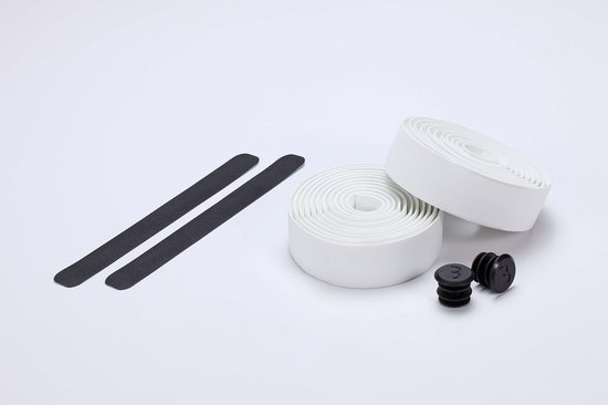 Twee rollen wit stuurlint, twee zwarte stuurdoppen en twee zwarte stroken.