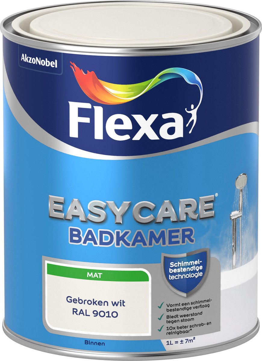 Flexa Easycare - Muurverf Mat - Badkamer - Gebroken Wit / RAL 9010 - 1 liter - Flexa
