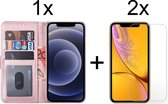 iPhone 12 hoesje bookcase roze rose wallet case portemonnee hoes cover hoesjes - 2x iPhone 12 screenprotector