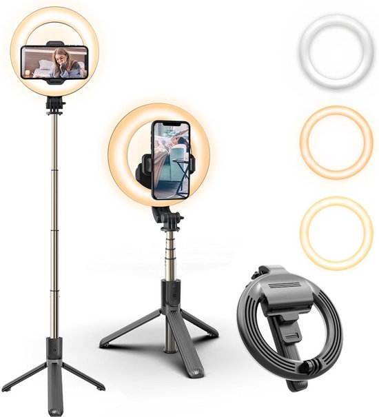 Selfie ring licht met statief- 4-in-1 Selfie Stick Tripod met Ring Lamp- 3 Licht Standen- 16 CM LED