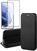 Hoesje geschikt voor Samsung S21 Plus en Screenprotector - Book Case Leer Wallet Cover Hoes Zwart + Screen Protector Glas Full Screen