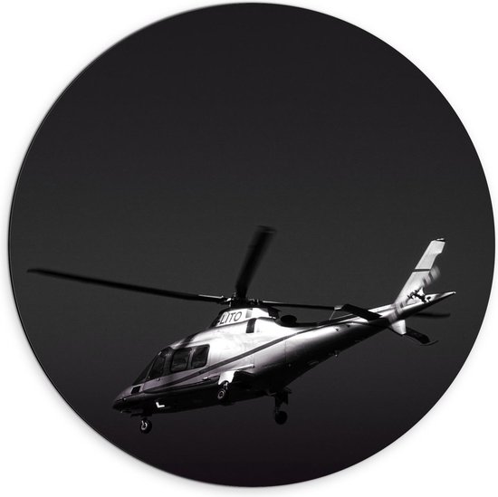 Dibond Wandcirkel - Helikopter in de Lucht (Zwart Wit)  - 70x70cm Foto op Aluminium Wandcirkel (met ophangsysteem)