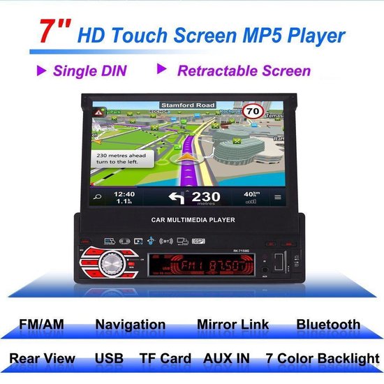 Autoradio TechU ™ T47 avec écran rabattable - 1 Din 7 pouces + Télécommande - Bluetooth - USB - AUX - Radio FM - Navigation GPS - Appel mains libres - Autoradio avec écran