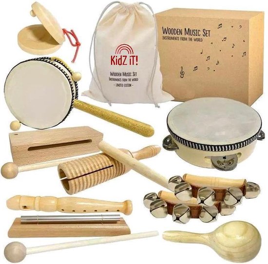 Kidz iT! Muziekinstrumentenset voor kinderen | Houten Speelgoed | 14-delige Instrumenten Set | Muziek voor kinderen | Luxe Houten Instrumenten | Duurzaam Muziekspel + Draagtas