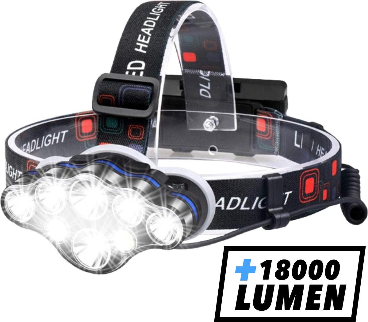 Hoofdlamp - Hoofdlamp LED oplaadbaar - Hoofdlampje - 8 LED-koplampen - 18000 lumen - 500 meter bereik - Verstelbaar - WildTech
