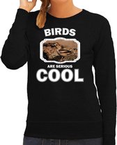 Dieren vogels sweater zwart dames - birds are serious cool trui - cadeau sweater appelvink vogel/ vogels liefhebber XL