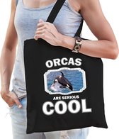 Dieren grote orka  katoenen tasje volw + kind zwart - orcas are cool boodschappentas/ gymtas / sporttas - cadeau orka walvissen fan