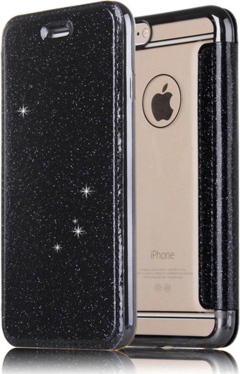 Geschikt voor Apple iPhone SE 2020 Flip hoesje - Zwart - Folio Glitter