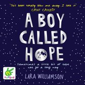 Boek "A Boy Called Hope". Blauwe kaft met witte stippen. Zilveren tekst "A BOY CALLED HOPE" en een illustratie van de aarde.