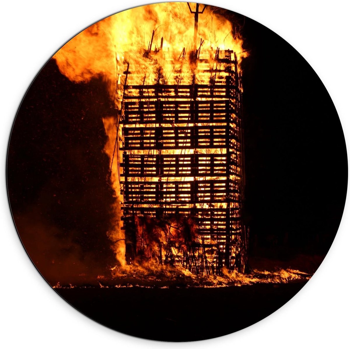 Dibond Wandcirkel - Brandende Vuurkorf - 70x70cm Foto op Aluminium Wandcirkel (met ophangs