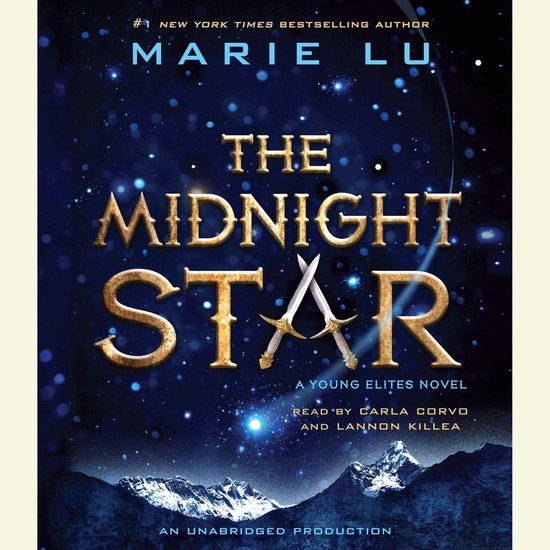 Boek "The Midnight Star" van Marie Lu, met een donkerblauwe, sterrenhemel achtergrond, gouden letters, en bergen op de voorgrond.