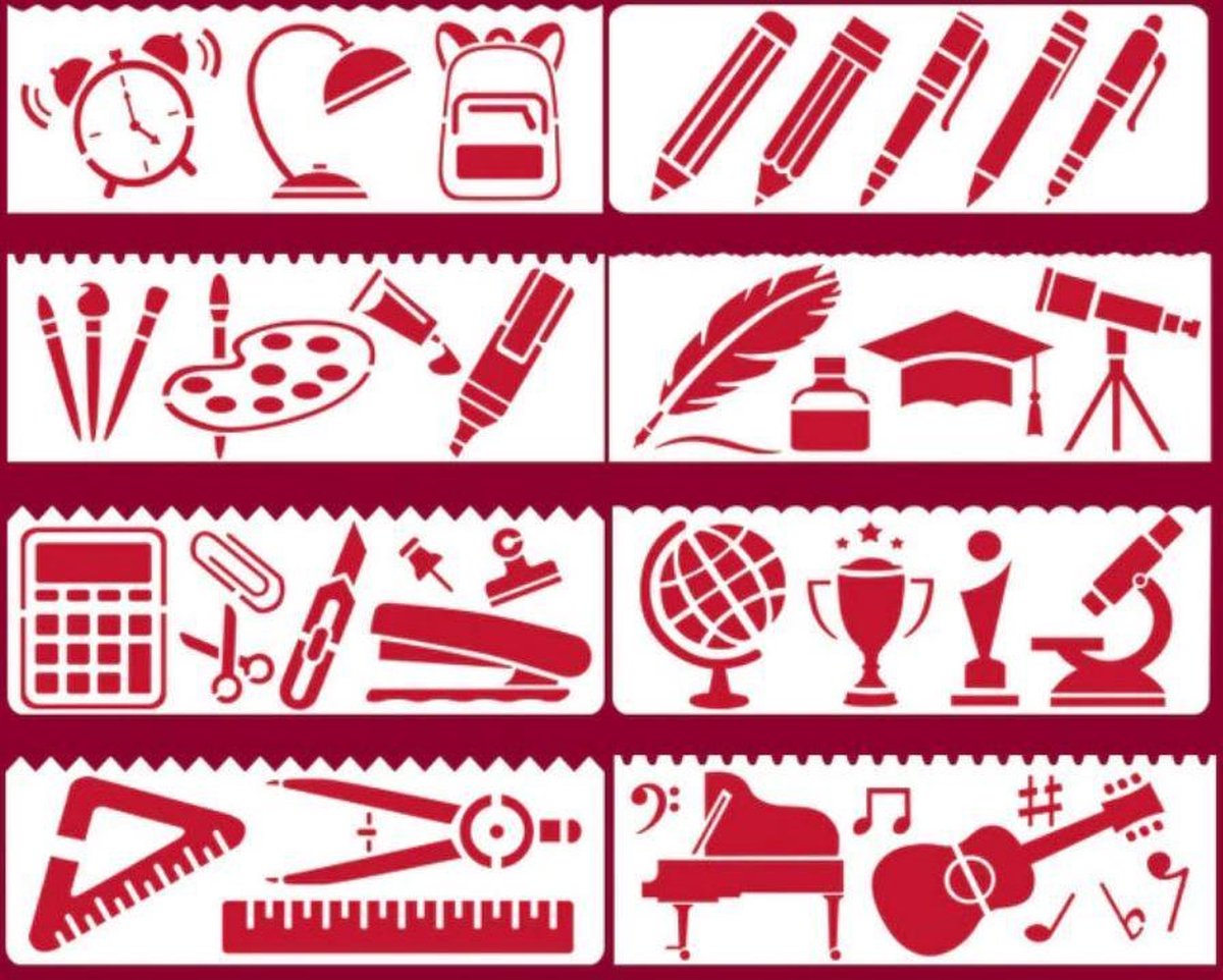 Bullet Journal Plastic Stencils - 8 stuks - Templates - Hobby - Knutselen - Pennen - Tekenen - Potloden - Wetenschap - Kantoor - School - Onderwijs - Sjablonen - 5,5 x 18,3cm - Handlettering toolkit - Knutselen - Decoratie - Accessoires