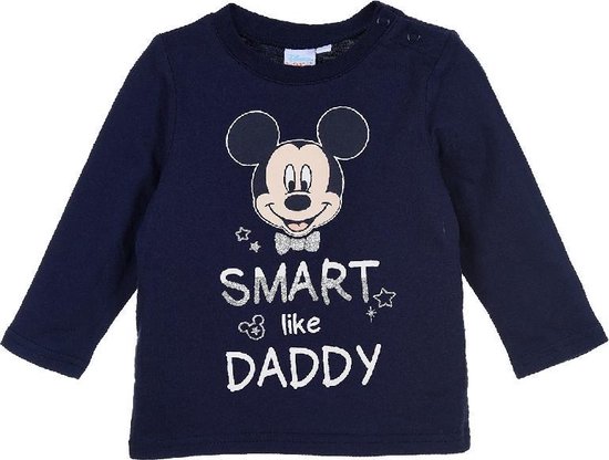 Disney Mickey Mouse Shirt - Lange Mouw - Smart Like Daddy - Donkerblauw/Zilver - Maat 80