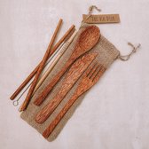 Kokosnoot Bestekset | Mes - Vork - Lepel - Chopsticks - Rietje | Incl Meeneem Tasje