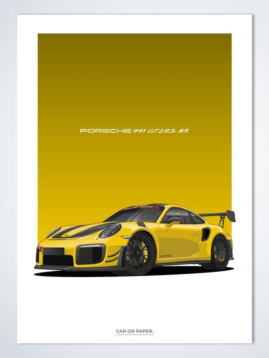 Porsche 911 GT2 RS MR Geel op Poster - 50 x 70cm - Auto Poster Kinderkamer / Slaapkamer / Kantoor