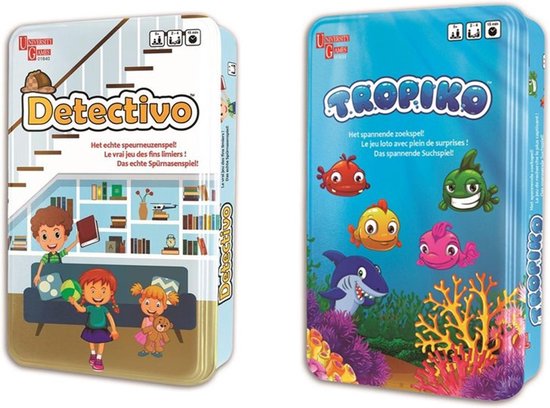 Afbeelding van het spel 2 spannende spellen voor kinderen. Tropiko en Detectivo.  Spelletjes  Reiseditie in stevig blik.  Vanaf 5 jaar.