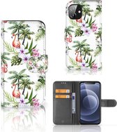 Telefoonhoesje Apple iPhone 12 Mini Flip Hoesje met naam Flamingo Palms