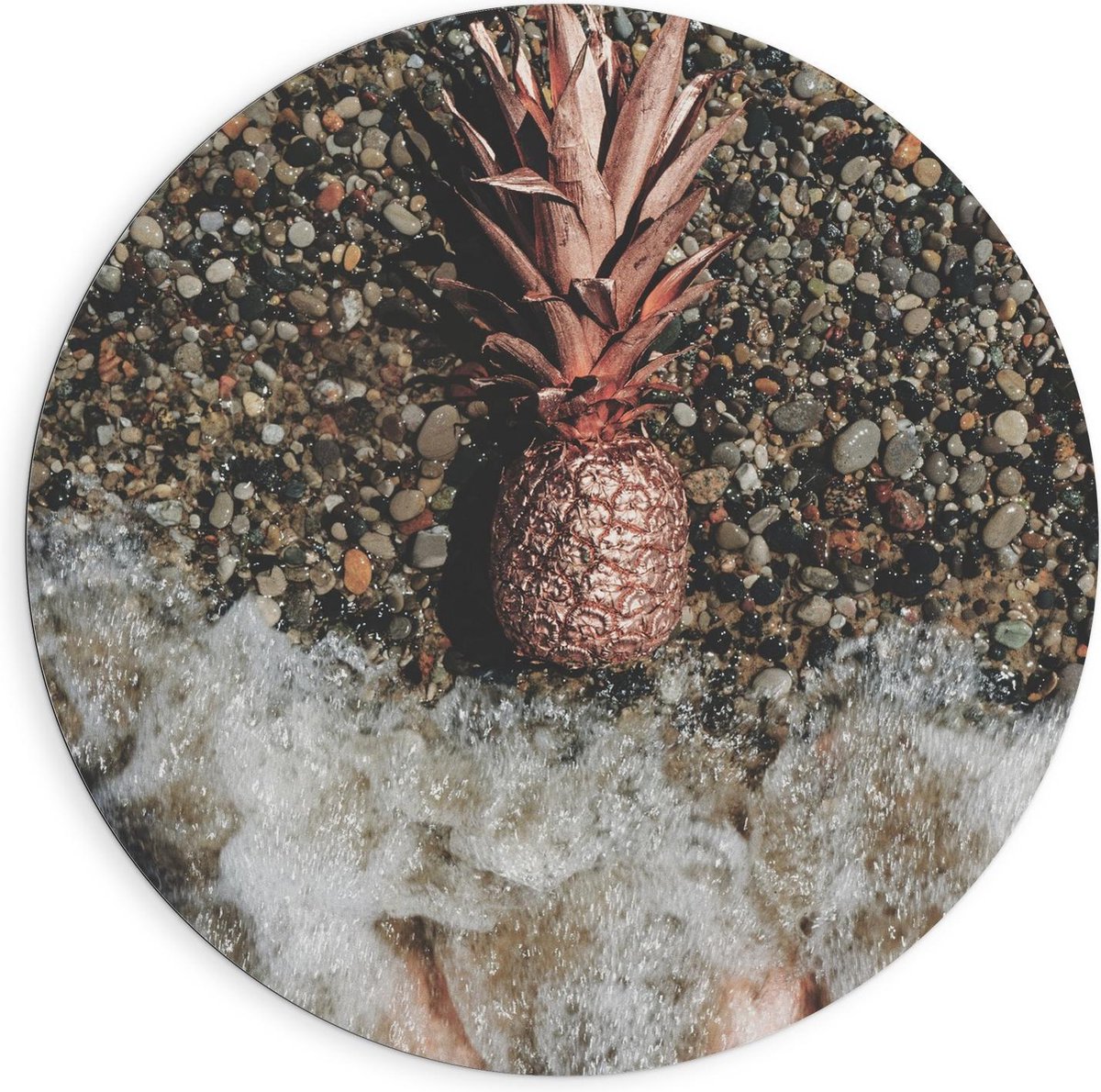 Dibond Wandcirkel - Gouden Ananas Spoelt aan - 90x90cm Foto op Aluminium Wandcirkel (met ophangsysteem)