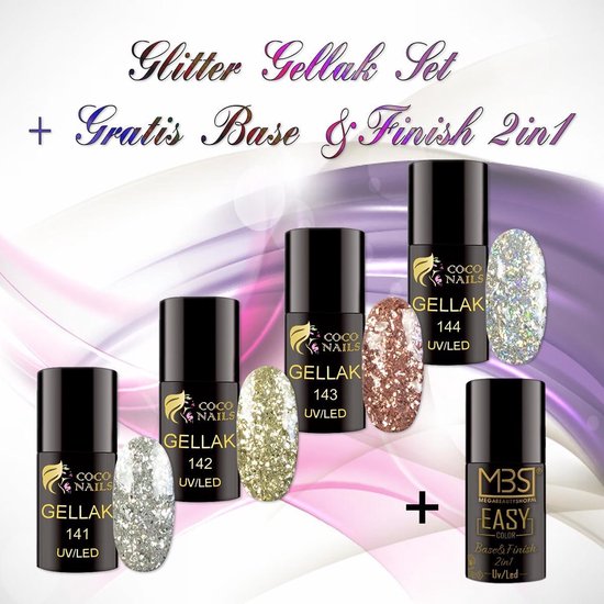 Gellak glitter set met Base&Finish 2in1/Gellak/Gel Polish/Top coat gellak | bol.com