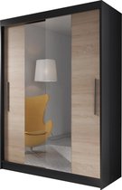E-MEUBILAIR Zweefdeurkast Kledingkast met Spiegel Garderobekast met planken en kledingstang - 150x61x200 cm (BxDxH) - LARA 01 (Zwart+Sonoma)