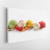 Set of ice cream scoops of different colors and flavours with berries, nuts and fruits decoration isolated on white background  - Modern Art Canvas  - Horizontal - 599397020 - 115*