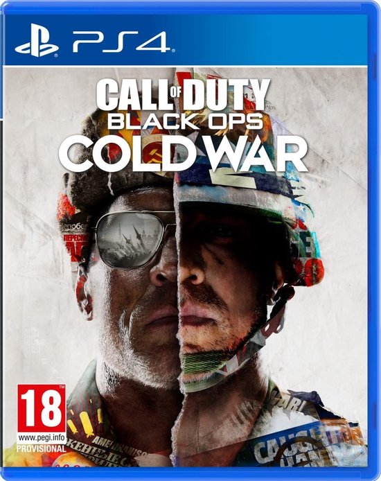 Boîte de jeu PS4 'Call of Duty: Black Ops Cold War', tête d'homme avec lunettes de soleil et casque coloré.