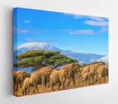 A flock of African elephants on a safari trip to Kenya and a snow covered Mount Kilimanjaro in Tanzania under a cloudy blue sky. - Modern Art Canvas - Horizontal -678502927 - 115*7