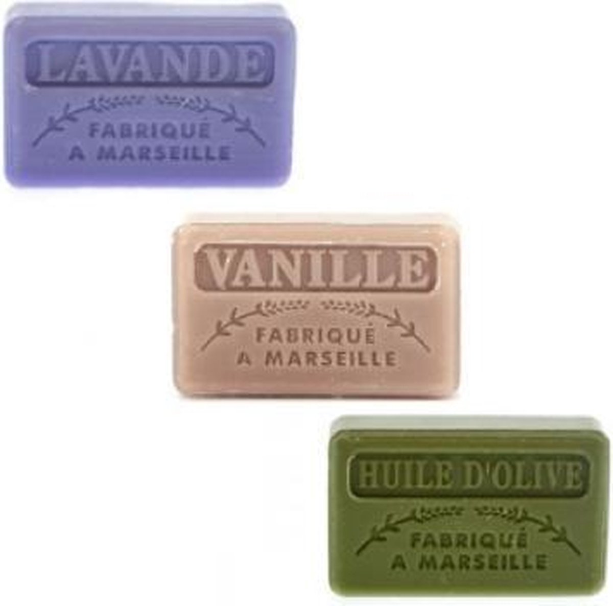 Goedkoopste Soap bar set - zeep savon de marseille Lavendel, Vanille, Huile d'olive 3x60 gr.