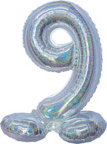 Folieballon cijfer 9 holografisch zilver 82 cm