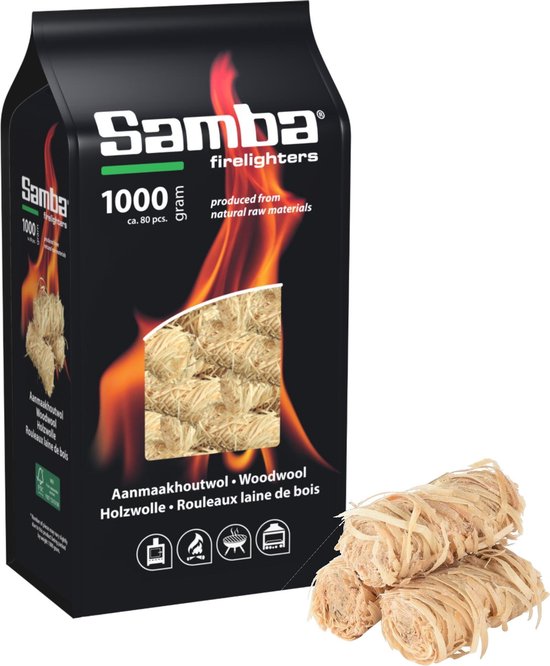 Samba Houtwol, Aanmaakhoutwol, Aanmaakkrullen, Wokkels - 1 Kilo Voordeelverpakking - SAMBA