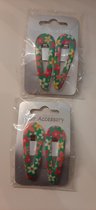 merkloos haarspeld lila/groen/geel bloemen motief 4.5 cm 4 stuks klik klak