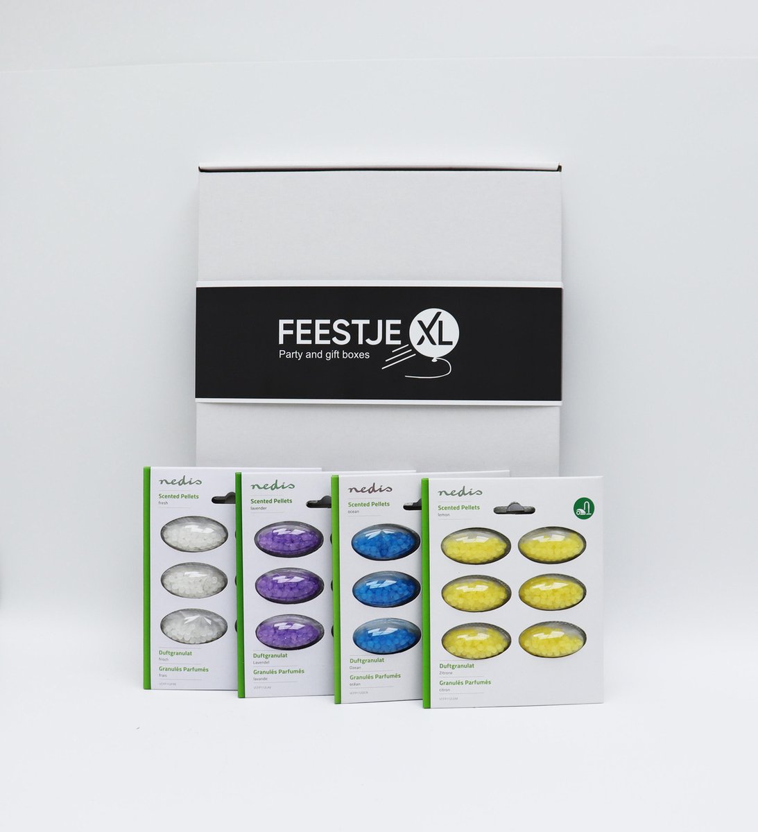 FeestjeXL cadeau Box - Huishoudelijk - Verjaardag en cadeau doos voor vrouwen en mannen - 4 verschillende geurkorrels met 6 pallets per geur voor de stofzuiger
