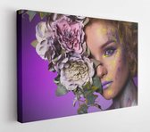 Close up Portrait of Beautiful young girl in flower rin with creative make up. Spring. Flowers. Art. Copy space - Modern Art Canvas - Horizontal - 1698858766 - 115*75 Horizontal