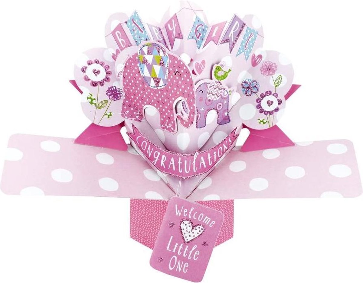3D Pop-up wenskaart met envelop – Baby Girl - Elephants
