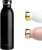 Aquachic Thermosfles 500 ML - Drinkfles lekvrij - Vacuum BPA-vrije Waterfles voor werk, sport, fitness, yoga, reizen, school, volwassenen, baby's en kinderen - Zwart design - Nederlands merk