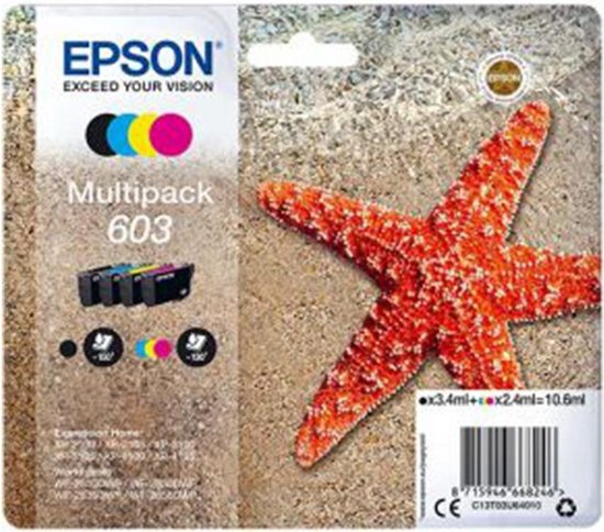 Verpakking van Epson 603 multipack inktcartridges met een rode zeester op een zand- en waterachtergrond.