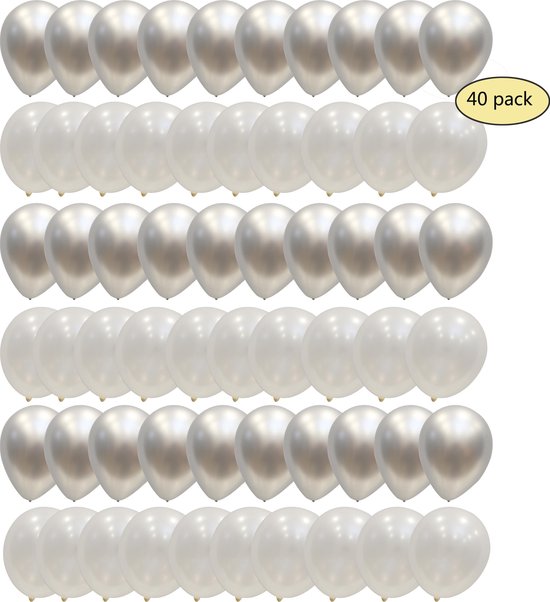 40 stuks Luxe Chrome Metallic Helium Latex Ballonnen MagieQ (Zilver Wit) Feest|Party|Kinderfeesje|Decoratie|versiering|Kerst|