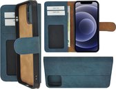 Iphone 12 Hoesje - Bookcase - Iphone 12 Hoesje Portemonnee wallet Echt Leer Washed Turquoise Cover