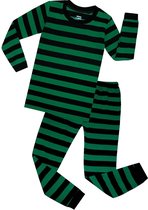 Elowel - Jongen en Meises Gestreepte Pyjama, 2 Delig, 100% Katoen, Comfortabel, Slim fit Broek | 10 Jaar | Groen en Zwart