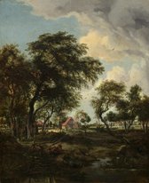 Meindert Hobbema, Een boerderij in het zonlicht, 1668 op canvas, afmetingen van dit schilderij zijn 45 X 100 CM