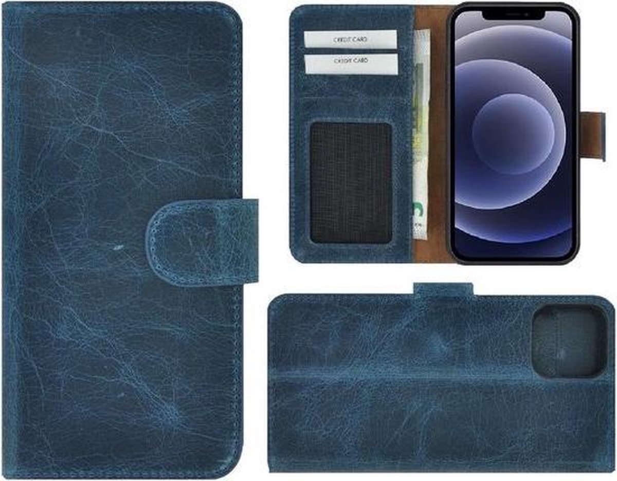 Geschikt voor Iphone 12 Mini Hoesje - Bookcase - Iphone 12 Mini Hoesje Portemonnee wallet Echt Leer Denimblauw Cover