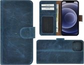 Iphone 12 Mini Hoesje - Bookcase - Iphone 12 Mini Hoesje Portemonnee wallet Echt Leer Denimblauw Cover