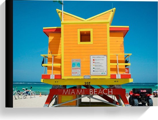 Canvas - Oranje Strandhuisje op Miami Beach - Foto op Canvas Schilderij (Wanddecoratie op Canvas)