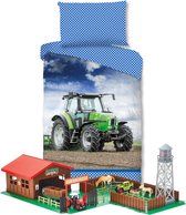 Good Morning Tractor kinderdekbedovertrek - eenpersoons -140x200 cm 100% katoen- Boerderij- incl. grote boerderij speelgoed set